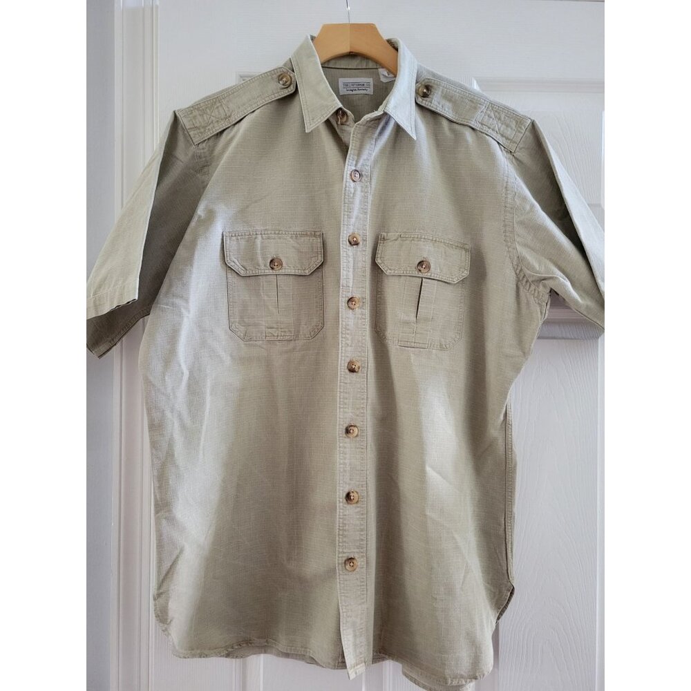 J. Peterman Mens Beige Safari Shirt size Large Khaki Camp US field Short sleeve
